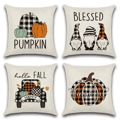 Productafbeelding van Kussenslopen 45x45 cm, herfstmotief, kabouter, ruitdessin, 4 stuks, katoen-linnen