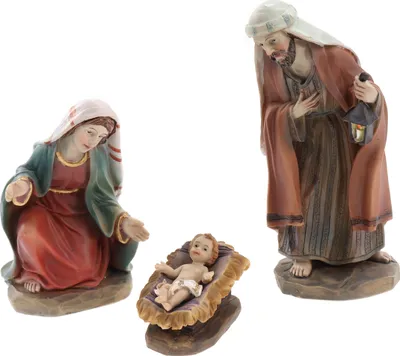 Produktbild von Krippenfiguren Set 3tlg. heilige Familie: Maria, Josef & Jesus in Krippe H.: ca. 11cm, Weihnachtskrippe Figuren Krippenzubehör Weihnachtsdeko