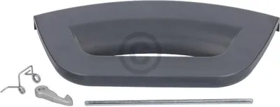 A gray washing machine door handle and associated hardware are laid out on a white background.