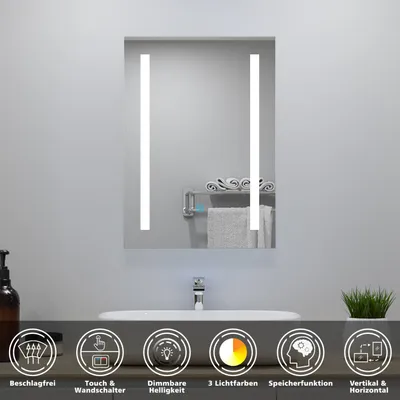 Produktbild von AICA Badspiegel mit Beleuchtung 50x70cm 3 Lichtfarbe+Dimmbar Touch/Wandschalter Beschlagfrei Auto-Abschaltung IP44 Pavie-Serie