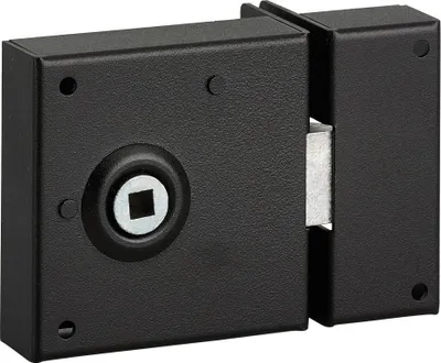 Immagine prodotto di Serratura da superficie per porte interne, solo scrocco a 1/2 giro, catenaccio da 45 mm, quadro da 6 mm, 70x70 mm, nero - THIRARD