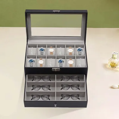 Image de Rangement pour bijoux - Boîte à montres et à bijoux - Avec 12 compartiments - Avec compartiment pour lunettes - Pour montres et bagues - Noir