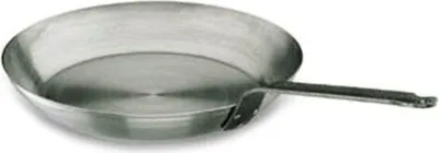 A silver frying pan is shown against a white background.
