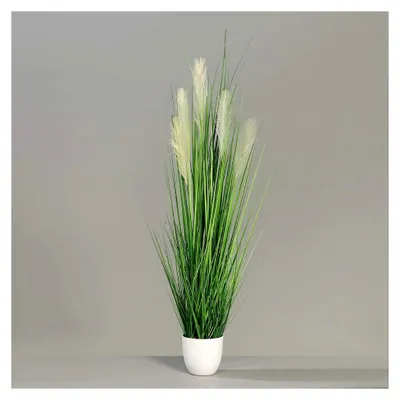 Produktbild von Palmengras-Busch im weißen Topf, 120 cm, Kunstgrasarrangement für Zimmer, Büro oder Messedekoration