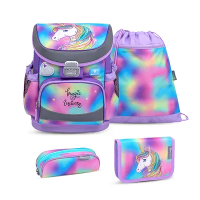 Belmil Mini-Fit ergonomisches Schulranzen-Set 4-teilig "Rainbow Unicorn" mit Brustgurt