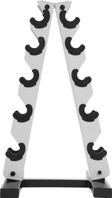 Image de Support pour haltères - Structure en A - 5 niveaux pour 5 paires - Capacité de charge jusqu'à 100 kg - Acier - Autoportant, idéal pour une salle de sport à domicile - Blanc