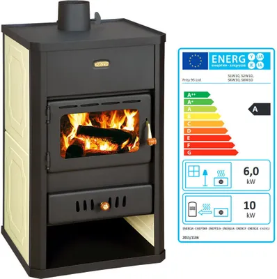 A wood-burning stove with an energy efficiency label next to it.