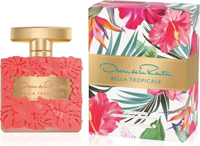 A perfume bottle and its box, both decorated with tropical floral patterns.