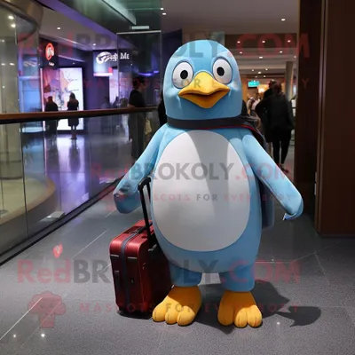 Produktbild von Himmelblauer REDBROKOLY Pinguin Maskottchen kostüm gekleidet in Röhrenjeans und Aktentaschen