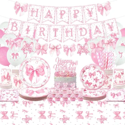 Productafbeelding van Solidchoice - Roze Strik Verjaardagsdecoraties met Borden en Ballonnen