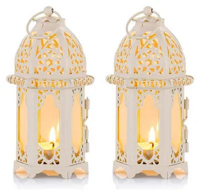 Produktbild von Ramadan Deko Laterne - Islamische Dekoration für Eid Mubarak - Tischdeko Set aus Metall und Glas, 2 Stück, Weiß
