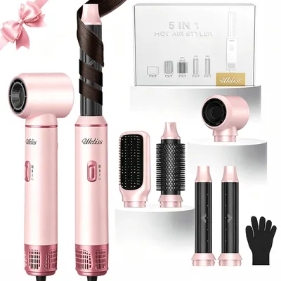 Produktbild von UKLISS 5-in-1-Haarstyler 675-S, 1000 W, mit Föhn-, Locken-, Rundbürsten- und Glättaufsatz, Rosa-Gold