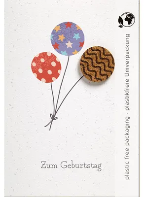 Produktbild von Geburtstagskarte mit Ballonmotiv, Umschlag und plastikfreier Umverpackung