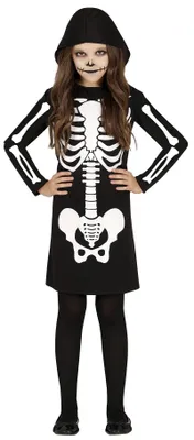 Imagen del producto de Disfraz de Halloween de esqueleto para niños, vestido con capucha, ideal para fiestas de terror y carnavales. Talla: 140/146. Color: Negro