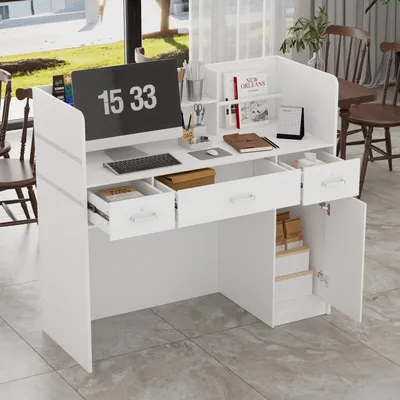 Produktbild von Empfangstheke mit 3 Schubladen und Ablageflächen Empfangstresen, Bürotheke, Rezeption Tisch mit Privatem Panel, Weiß, MDF, 120 x 48 x 110 cm
