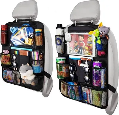 Immagine prodotto di Protezione per sedili auto e organizer per bambini, 2 pezzi, organizer per lo schienale del sedile auto, impermeabile e facile da pulire, tessuto Oxford, schienale del sedile auto per bambini, organizer per auto per bambini