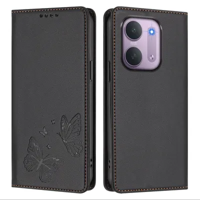 Image de Étui en cuir pour Xiaomi Redmi 17C 5G, avec motif papillon, type portefeuille rabattable avec support. Couleur : noir