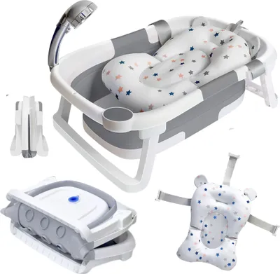 Produktbild von Primabobo Faltbare Babybadewanne mit Badekissen und Thermokork, faltbar baby badewanne, badewanne baby für Babys und Neugeborene, Grau