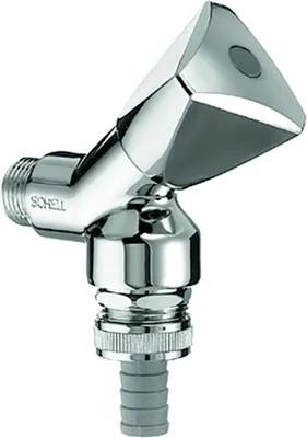 A chrome-plated plumbing valve with a hose connector.