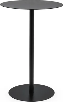 A black metal side table with a round top and a round base.
