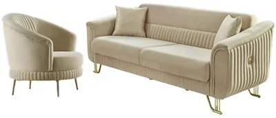 Produktbild von Villa Möbel Sofa Set Vega Creme Stellvariante:2+1 Relax- und Bettfunktion, pflegeleichter Mikrofaser Samtstoff