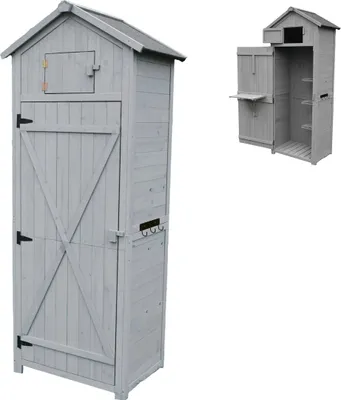 Produktbild von Relaxdays Gartenschrank, Holz, wetterfestes Dach, 3 Ablagen, klappbarer Tisch, HBT: 180,5 x 75 x 50 cm, Holzhaus, grau