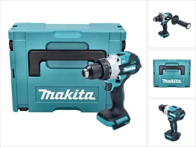 A collage of images showing a Makita cordless drill and its case.