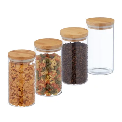 Image de Lot de 4 bocaux à provisions - 1000 ml - couvercle en bambou - verre - étanche à l'air - bocal de conservation cuisine