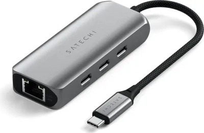 A Satechi 4-in-1 USB-C Hub with Ethernet and USB-C ports, shown on a white background.