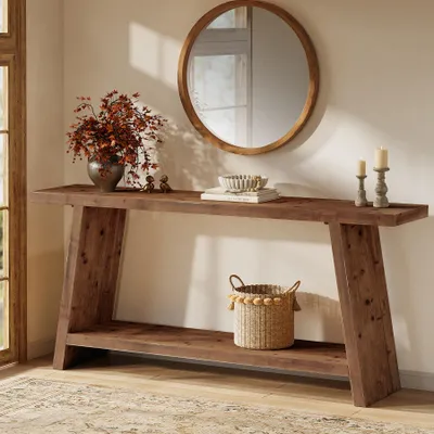 Zdjęcie produktu dla Stolik konsolowy z litego drewna, o długości 160 cm, dwupoziomowy stolik w stylu rustykalnym z miejscem do przechowywania, wąski, długi stolik pod kanapę do salonu, przedpokoju