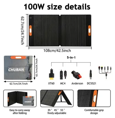 Obrázok produktu pre Prenosný solárny panel 100 W – Skladacie solárne nabíjacie zariadenie – Vodotesné – Povrch z materiálu ETFE – Záložný zdroj energie – Vhodné na kempovanie a do karavanov