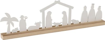 Holz Weihnachtskrippe Silhouette weiß natur - 50 x 14 cm - Weihnachts Deko Aufsteller Krippen Szene - Dekoaufsteller Krippen Figuren Weihnachtsdeko Adventdeko Tischdeko