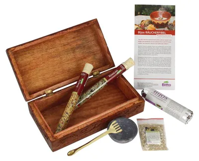 Produktbild von Bijos Räucherschatulle Hausreinigung, Komplettset mit Holzbox, Räucherwerk, Kohle, Sand, Schale, Räucherbesteck und Fibel