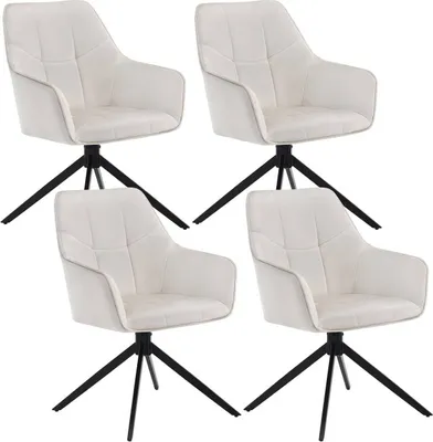 Four beige upholstered swivel chairs with black metal bases are arranged in a grid formation against a white background.