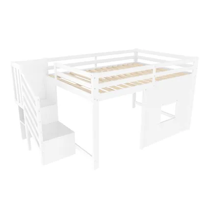 Zdjęcie produktu dla Łóżko piętrowe 140 x 200 cm z litego drewna sosnowego i płyty MDF, ze schodami z schowkiem, zabezpieczeniem przed wypadnięciem, bez materaca, białe