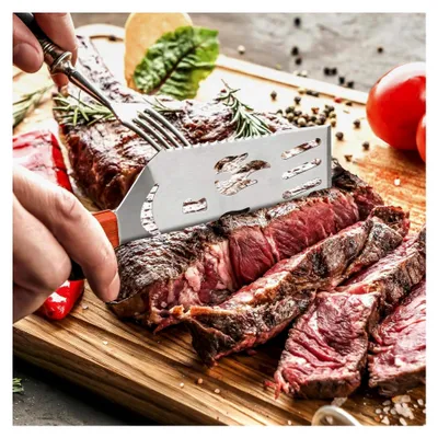 Produktbild von 2 Stück Grillbesteck - 5 in 1 Multifunktionaler Grillspachtel und Grillgabel aus Edelstahl - für Grillfans
