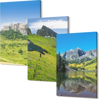 Produktbild von Leinwandbild – Wandbild – Leinwandbilder – Kunstdruck – Polycanvas – Modern – Mehrteilig – 3-Teilig Set – Hochwertig – Geruchslos – Lichtecht – Fertig Aufgespannt – 40x60 Cm Je Teil - Grüne Hügel mit Burg und Berglandschaft