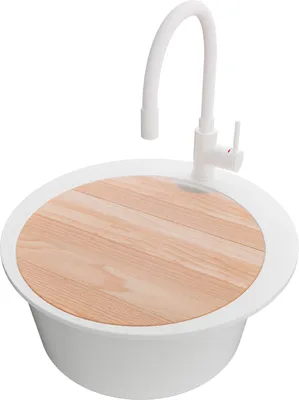 Produktbild von PRIMAGRAN Granitspüle Weiß 50x50cm, Spülbecken Rund 1 Becken + Küchenarmatur 38x14cm + Ablauf-Set + Schneidebrett, Küchenspüle ab 45er Unterschrank - Pisa