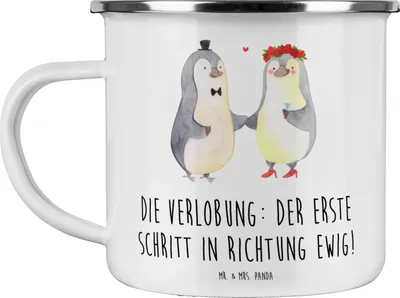 Produktbild von Mr. & Mrs. Panda Teetasse Verlobung Schritt - Weiß - Geschenk, Vertrauen, Feier, Geschenke, besondere Momente, Heiraten, Teebecher, Emaille Becher, Tasse, blechbecher
