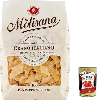 Produktbild von 20x La Molisana Pantacce Toscane N. 106 Pasta Lenta Lavorazione Teigwaren aus Hartweizengrieß Bronze-Zeichnung 500g + Italian Gourmet Polpa 400g