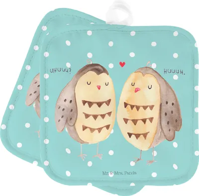 Produktbild von Mr. & Mrs. Panda Topfuntersetzer Eulen Liebe - Türkis Pastell - Geschenk, Owl, Eule, Ofenlappen, Kochlappen, Topflappenset, Topflappen, glücklich, topfhalter, Pärchen