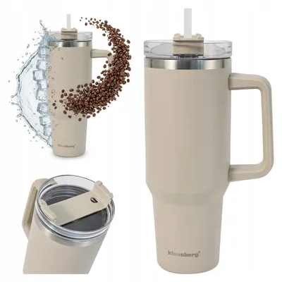 Zdjęcie produktu dla Kubek termiczny duży 1100 ml termos z uchwytem i słomką beżowy