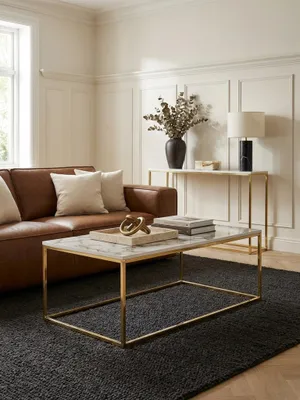 Produktbild von Couchtisch 100x60x40 cm mit Marmor Optik Weiß / Gold, Wohnzimmertisch mit Metall-Gestell, Sofatisch Eckig Tisch Wohnzimmer, Beistelltisch
