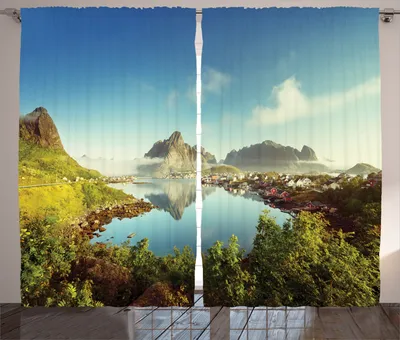 Produktbild von ABAKUHAUS Landschaft Rustikaler Gardine, Sonniges Fall-Tagesbild, Schlafzimmer Kräuselband Vorhang mit Schlaufen und Haken, 280 x 260 cm, Grün Blau