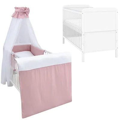 Produktbild von Baby-Delux Babybett Kinderbett Natalie Umbaubar 140x70 Weiß Beißschienen Bettset Komplett mit Motiv Musselin Waffelpique Rosa