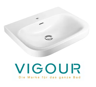 A white ceramic sink with a drain and overflow hole is shown against a white background.