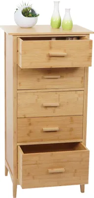 A bamboo dresser with several drawers, some open, displaying decorative items on top.