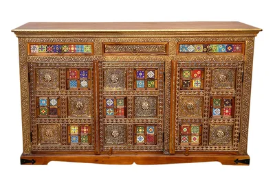 A wooden sideboard with decorative tiles and metal accents, presented against a white background.