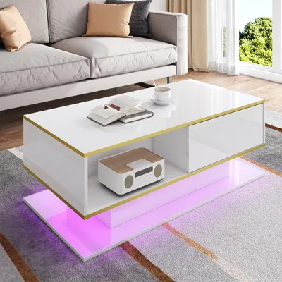 Produktbild von okwish Moderner Couchtisch Beistelltisch mit Hochglanz und LED-Beleuchtung,Wohnzimmertisch mit drei Schubladen,Sofatisch mit offenem Ablagefach,Weiß
