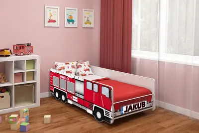 Obrázek produktu pro ACMA Dětská postel auto Hasiči 140x70 cm se jménem dítěte – hasičské auto postel pro děti, junior postel s matrací, roštem a zábranou proti pádu